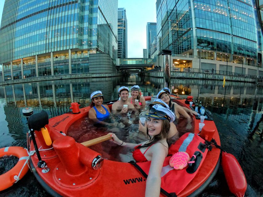 London: Hot Tub Boat Guided Historical Docklands Cruise - A hot tub with a view of Canary Wharf
